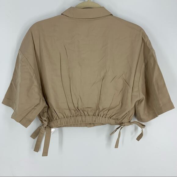 Billie the Label Imogene Crop Top Linen Blend Khaki Medium Collar Button Tencel - Picture 3 of 9